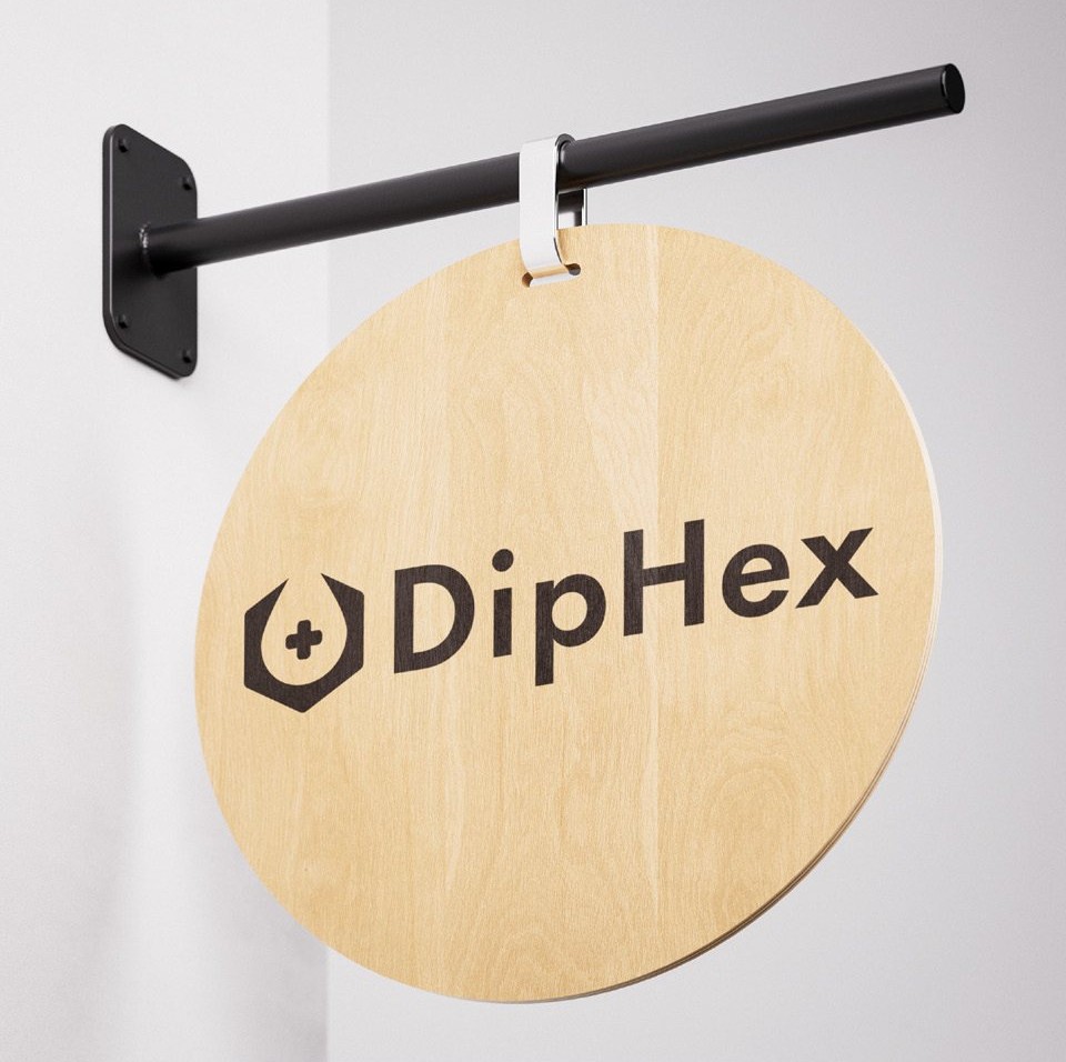 DipHex hanging wooden sign with new logo