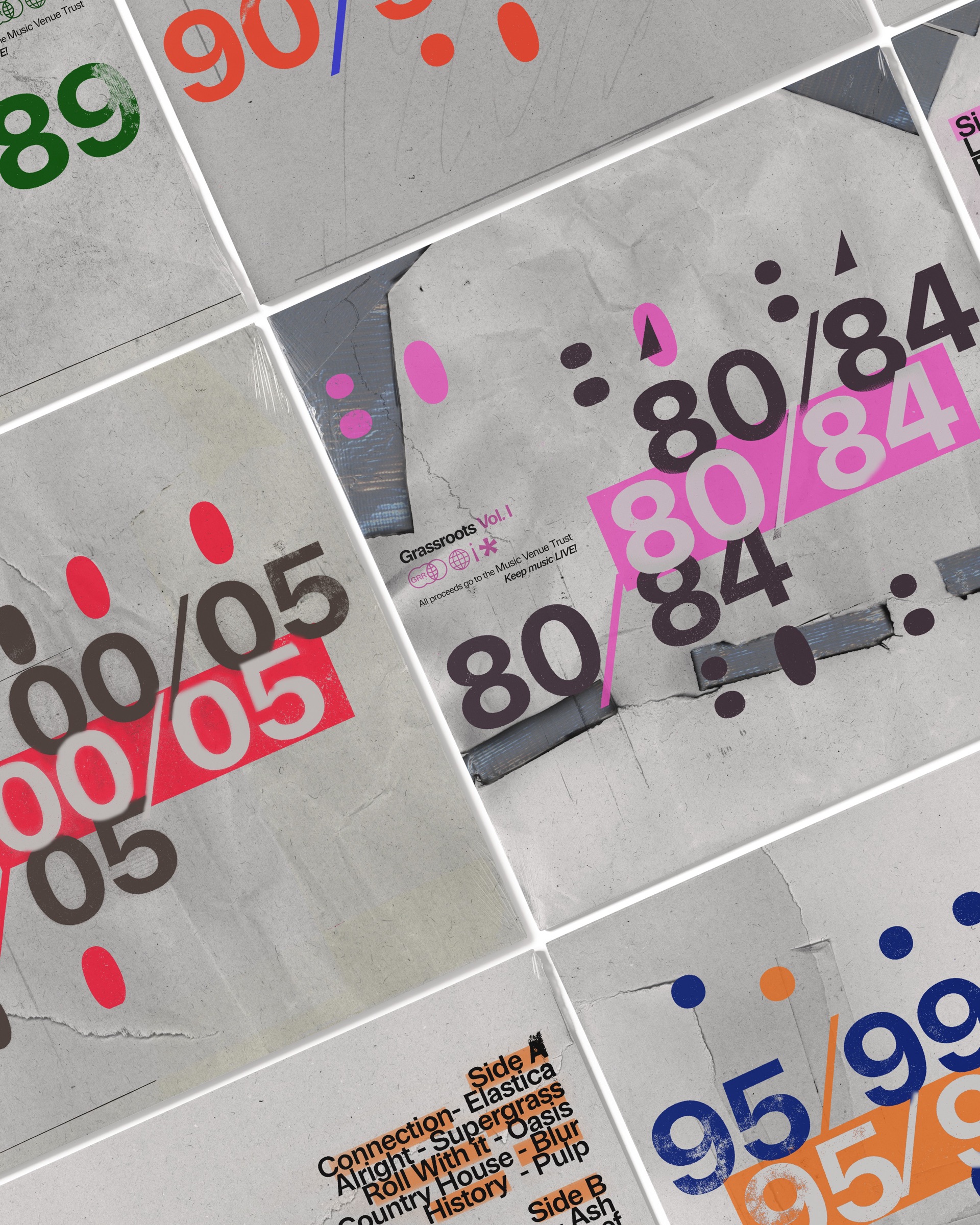 Grassroot Records poster wall collage of all five compilation covers