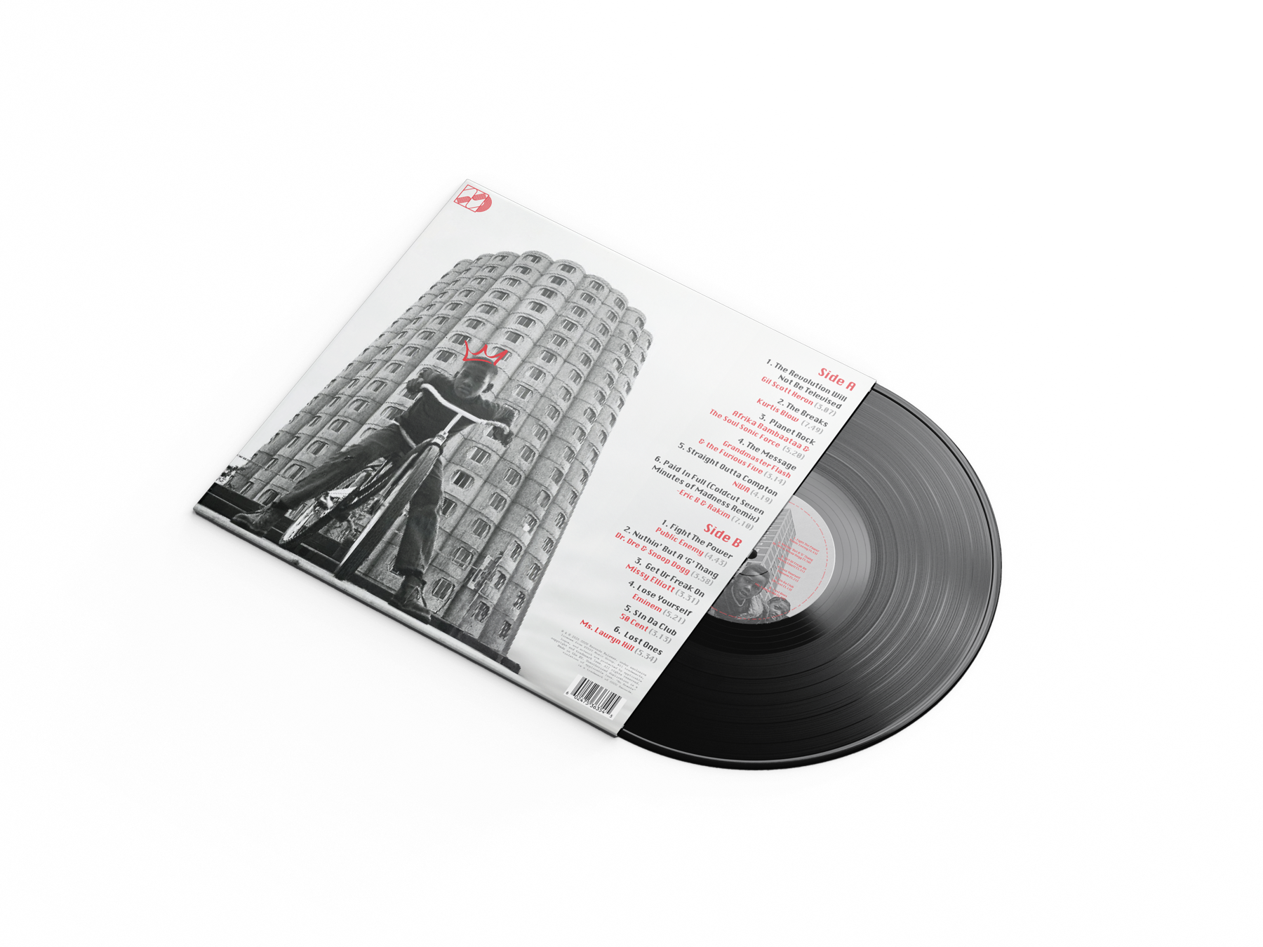 No Breaks vinyl sleeve — back cover 3D mockup with tracklist